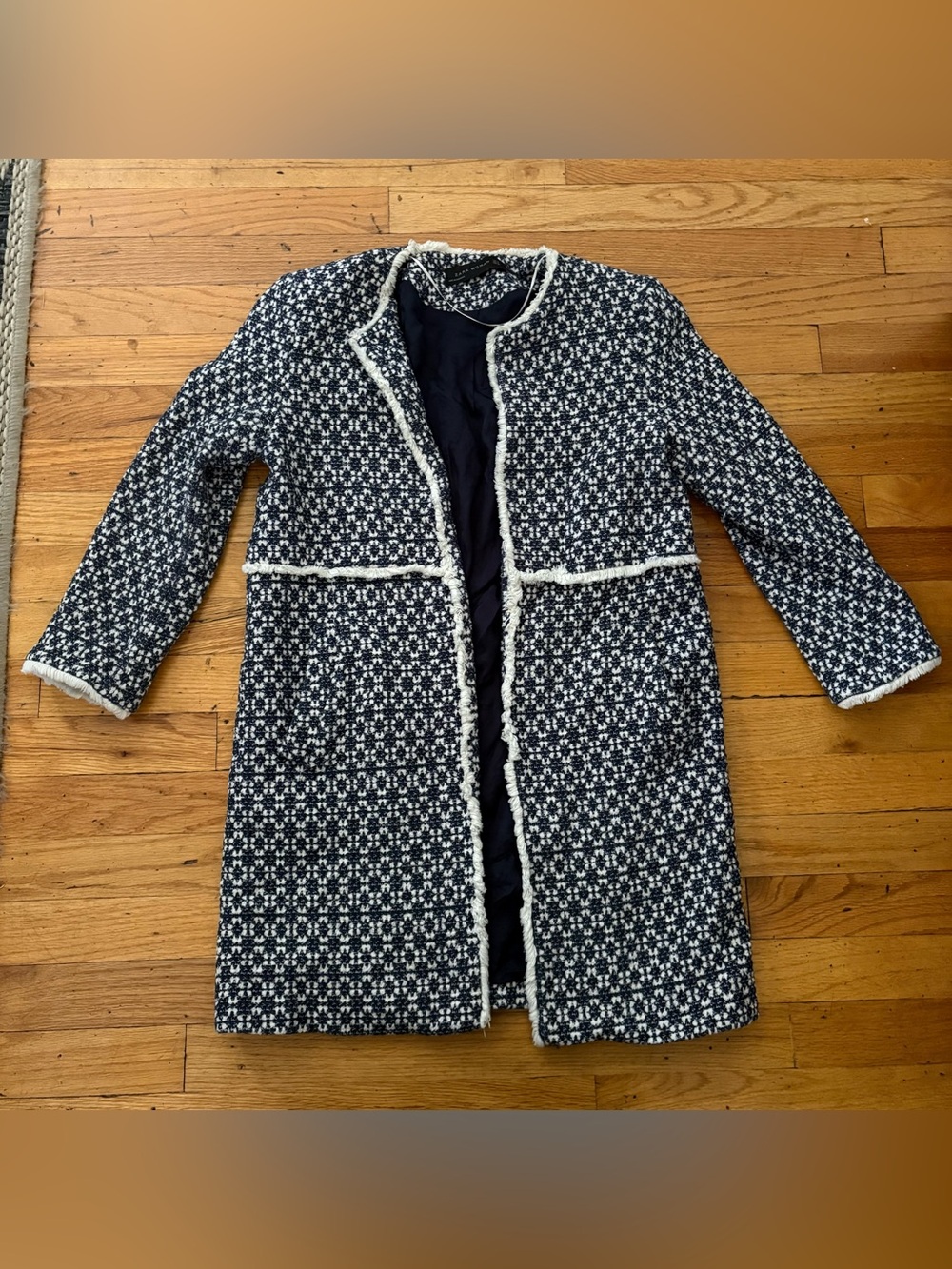 Zara Blue & White Open Front Tweed Jacket Size Small